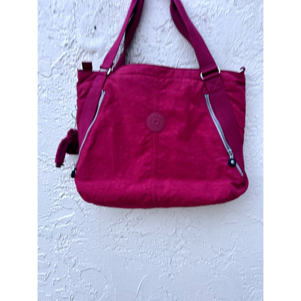 Kipling Magenta Pink Nylon Large Tote Shoulder Bag with Monkey Keychain